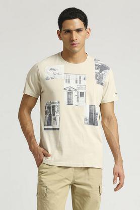 printed cotton round neck men's t-shirt - natural
