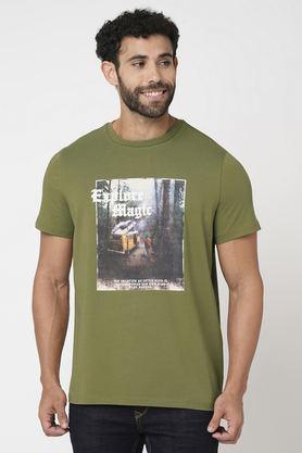 printed cotton round neck men's t-shirt - olive