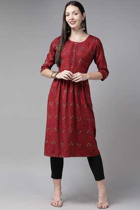 printed cotton round neck women's casual wear kurti - maroon
