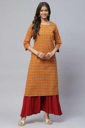 printed cotton round neck women's casual wear kurti - mustard