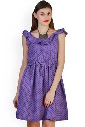 printed cotton round neck women's knee length dress - purple