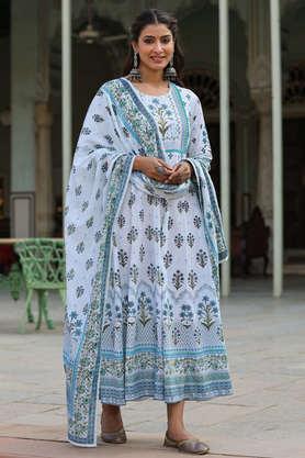 printed cotton round neck women's kurta dupatta set - sky blue