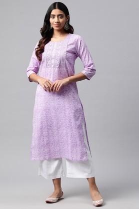 printed cotton round neck women's kurti - purple