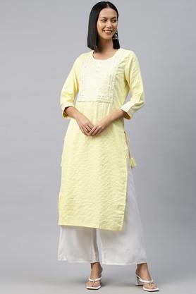 printed cotton round neck women's kurti - yellow