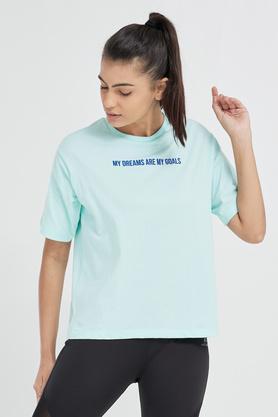 printed cotton round neck women's t-shirt - mint