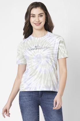 printed cotton round neck women's t-shirt - multi