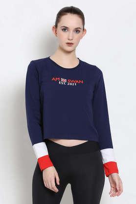 printed cotton round neck women's t-shirt - navy