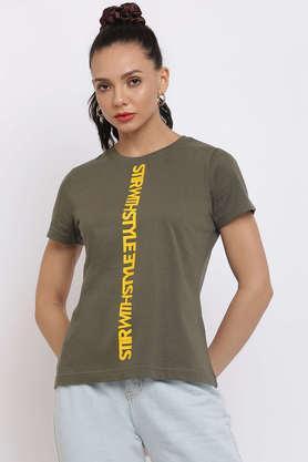 printed cotton round neck women's t-shirt - olive