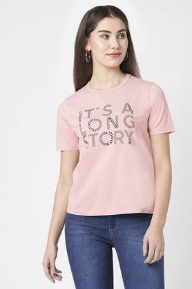 printed cotton round neck women's t-shirt - peach