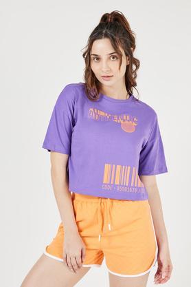 printed cotton round neck women's t-shirt - purple