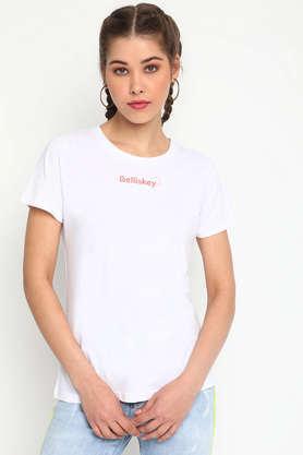 printed cotton round neck women's t-shirt - white