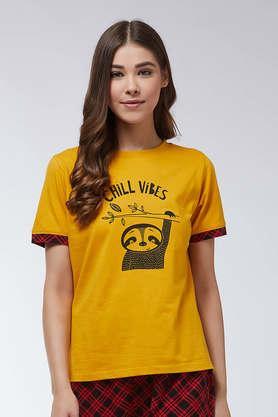 printed cotton round neck women's t-shirt - yellow