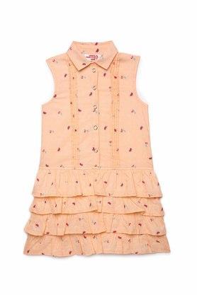 printed cotton shirt collar girls fusion wear dresses - peach