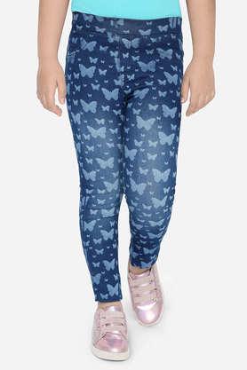 printed cotton skinny fit girls jeggings - blue