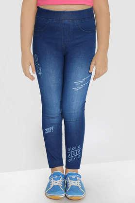printed cotton skinny fit girls jeggings - blue
