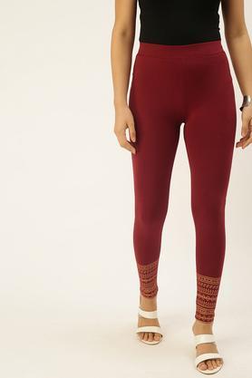 printed cotton skinny fit women's leggings - maroon