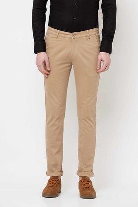 printed cotton slim fit men's trousers - brown
