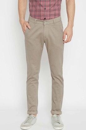 printed cotton slim fit mens trousers - brown