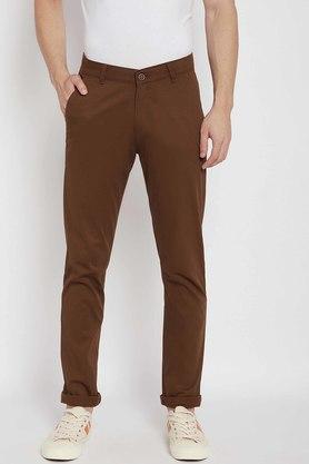 printed cotton slim fit mens trousers - brown
