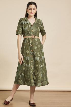 printed cotton slub collared women's casual wear midi dress - olive
