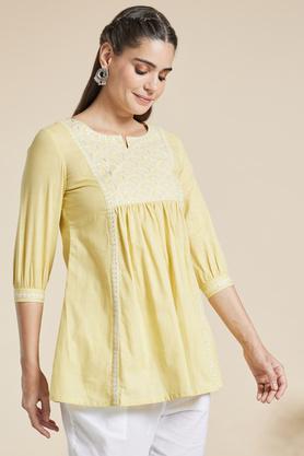 printed cotton slub women's casual wear tunic - yellow