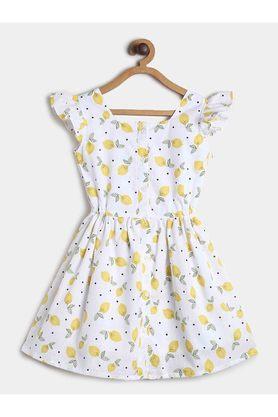 printed cotton square neck girls casual dress - white