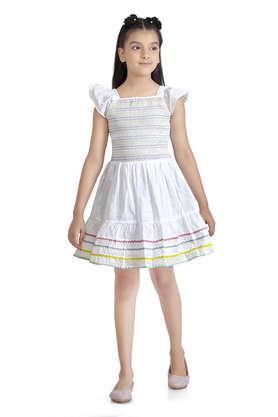 printed cotton square neck girls casual wear dress - white