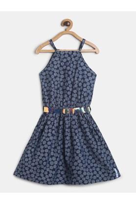 printed cotton strapless girls casual wear dress - blue