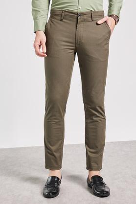 printed cotton stretch slim fit men's trousers - olive
