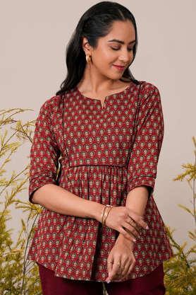 printed cotton sweetheart neck women's casual wear kurti - maroon