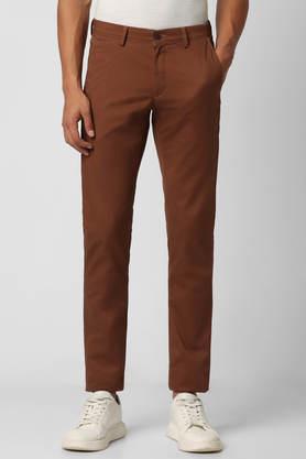 printed cotton tapered fit men's casual trousers - brown