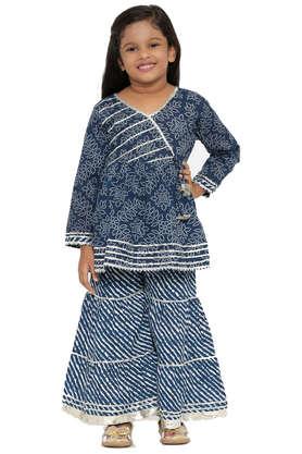 printed cotton v neck girls kurta with sharara - blue