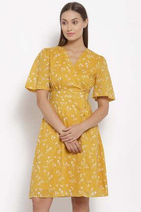 printed cotton v neck women's knee length dress - mustard