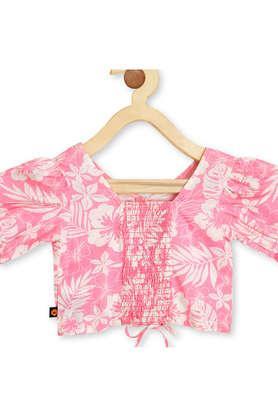 printed cotton v-neck girls top - pink