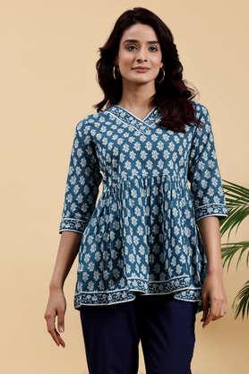 printed cotton v-neck women's casual wear kurti - blue