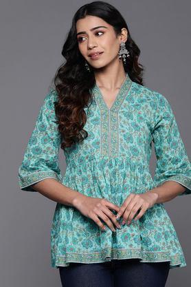 printed cotton v-neck women's casual wear kurti - turquoise