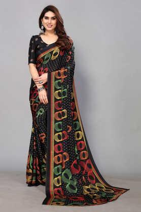 printed crepe designer women's saree with blouse piece - black