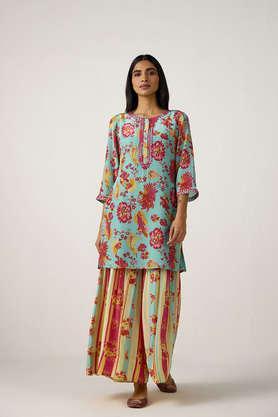 printed crepe round neck women's casual wear kurti - turquoise