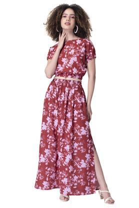 printed crepe round neck women's top and skirt set - red