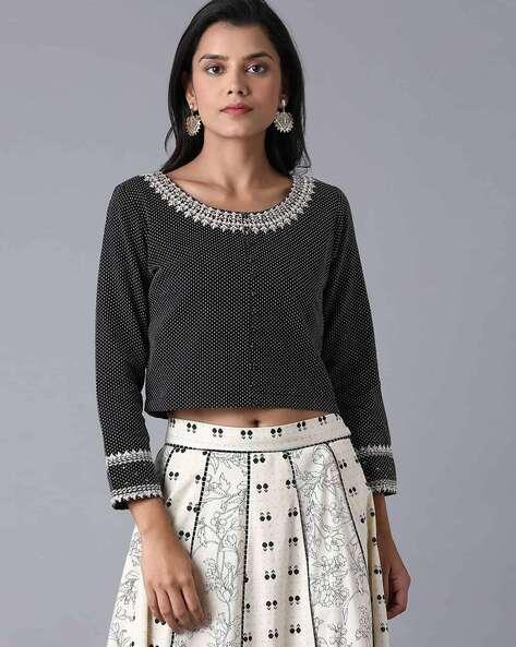 printed crop top with embroidered neckline