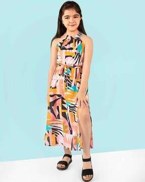 printed fit & flare dress with slit