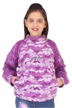 printed fleece and glitter net mock neck girls sweatshirt - purple