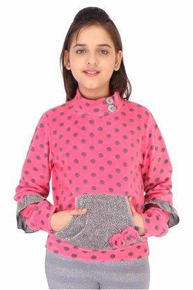 printed fleece and lurex fabric mock neck girls sweatshirt - pink