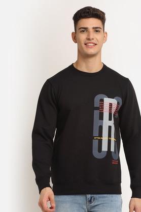 printed fleece round neck mens sweatshirt - black