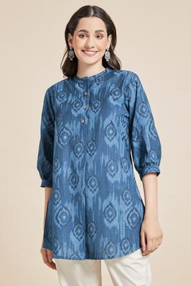 printed flex mandarin women's casual wear tunic - indigo