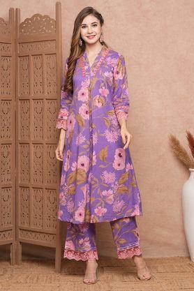 printed full length cotton woven women's kurta set - lavender