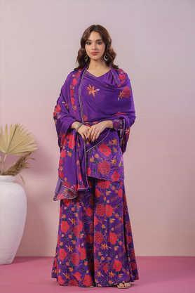 printed full length silk women's kurta set - plum