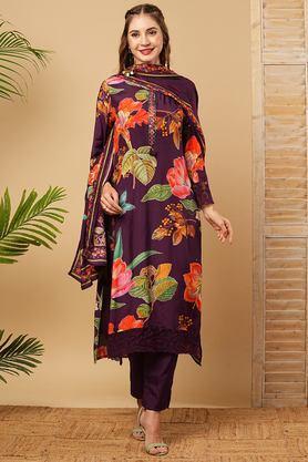 printed full length silk woven women's kurta set - moore plum