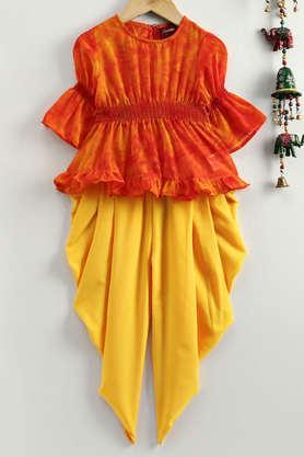 printed georgette full length girls top & dhoti pant set - orange