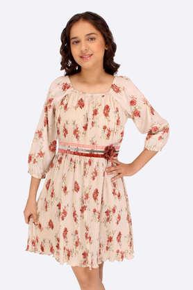 printed georgette round neck girls party wear dress - natural